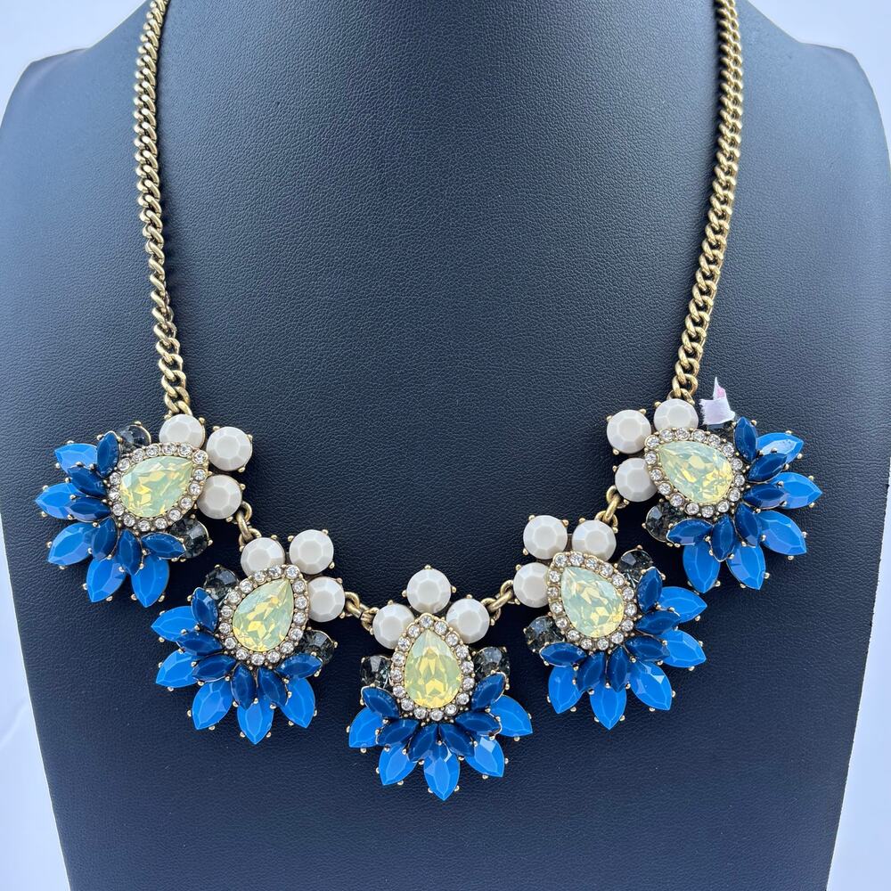 J. CREW STATEMENT NECKLACE BLUE CREAM IRIDESCENT RHINESTONES COLLAR